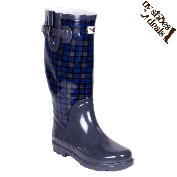 Women Rainboots, Blue Plaid Rubber Wellies Rain Boots, NEW - Picture 1 of 3